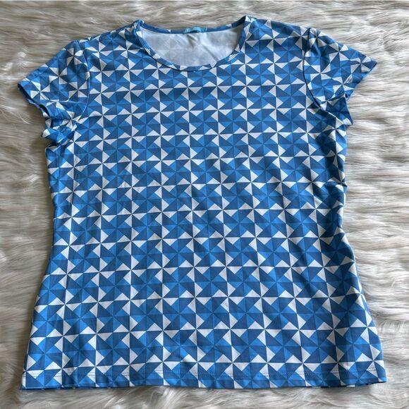 J.McLaughlin Women's Signature Stretch Top in Blue/White Geometric Print | Large - Picture 3 of 4